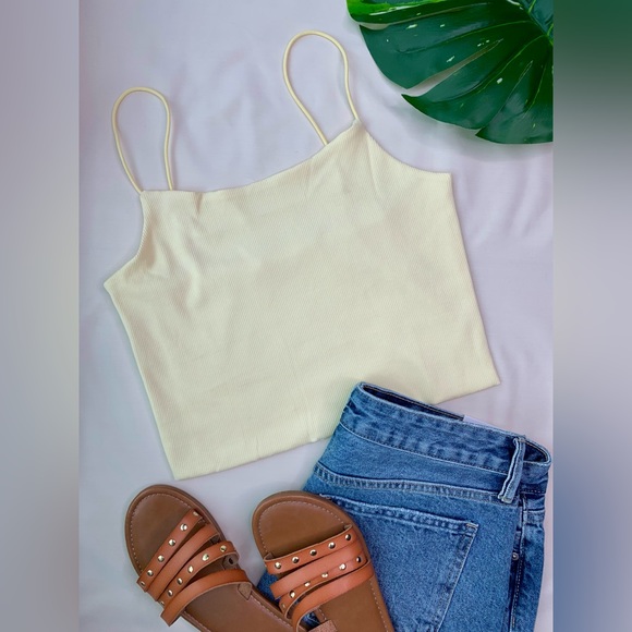 Round Neck Bungee Strap Rib Knit Tank Top - Butter - Picture 8 of 10